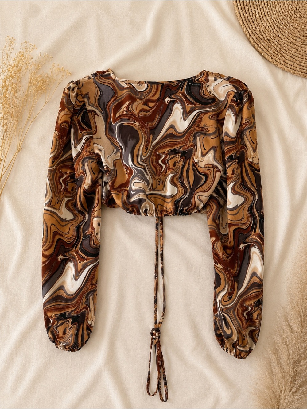 Neutral Marble-Print Long Sleeve Crop Top with Drawstring